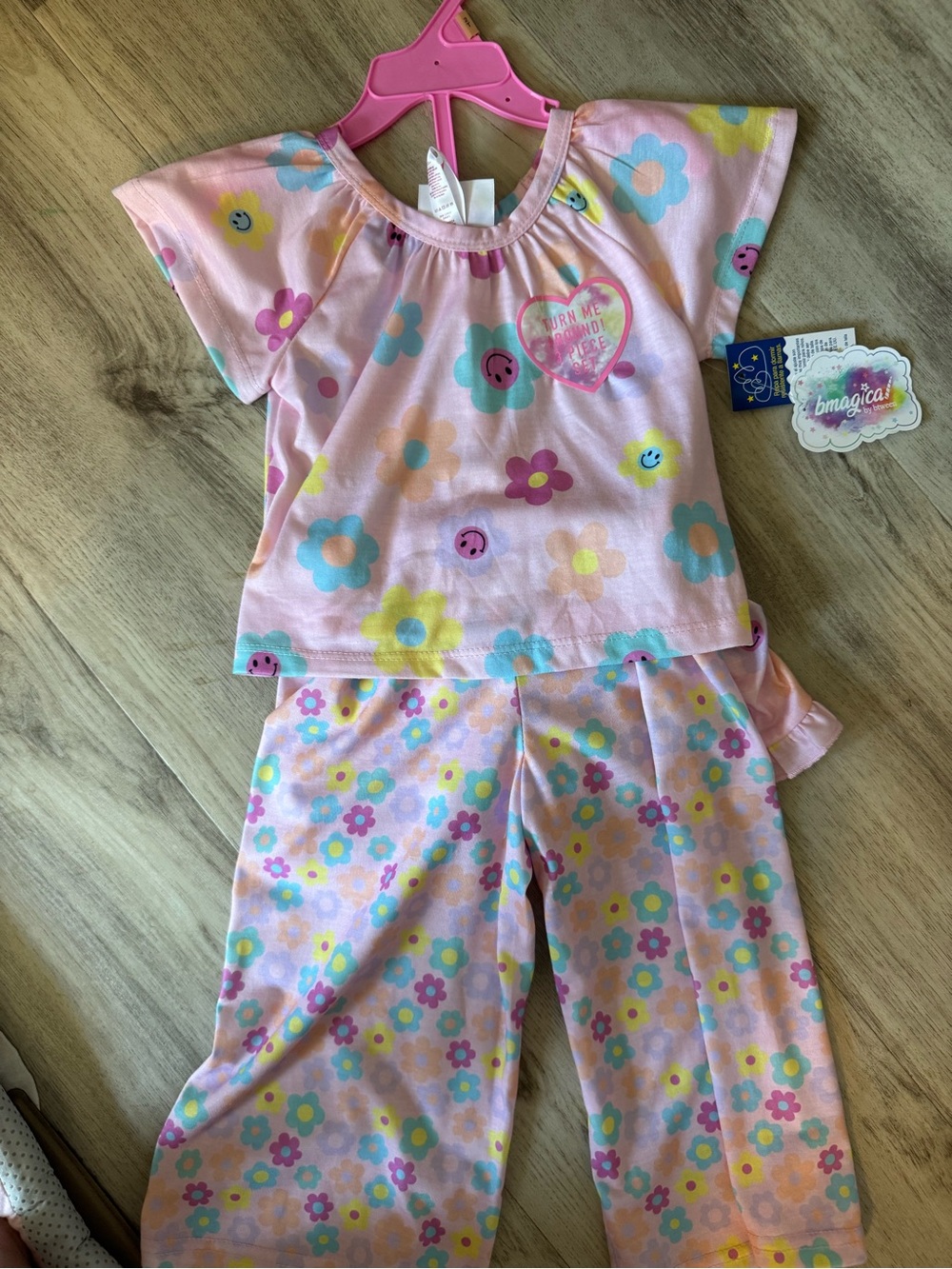 Kids Pink Floral Pajama Set - Short Sleeve Top & Pants